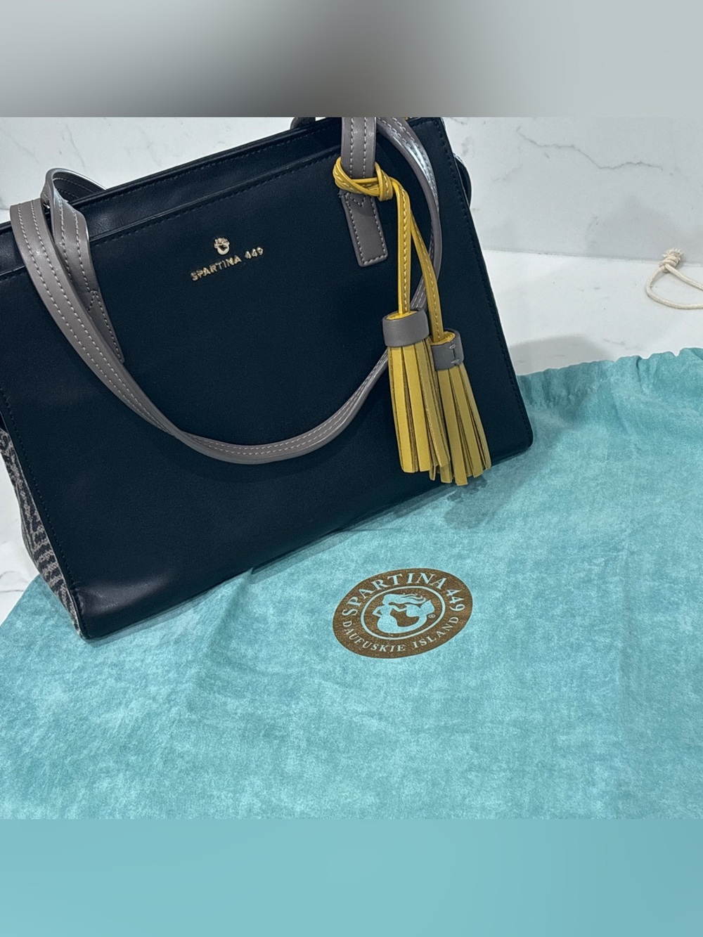 Spartina 449 Black Leather Herringbone Romy Shopper Tote Purse Yellow Tassel⁠